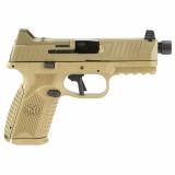 FN509M Tactical, Semi-automatic, Striker Fired, Polymer Frame Pistol, Mid-Size, 9MM, 4.5" Barrel, Threaded 1/2x28", PVD Finish, Flat Dark Earth, Optic Ready, Flat Faced Trigger, Suppressor Height 3 Dot Night Sights, Non-Manual Safety, 10 Rounds, 5 Magazi