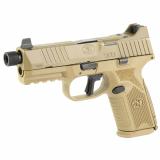 FN509M Tactical, Semi-automatic, Striker Fired, Polymer Frame Pistol, Mid-Size, 9MM, 4.5" Barrel, Threaded 1/2x28", PVD Finish, Flat Dark Earth, Optic Ready, Flat Faced Trigger, Suppressor Height 3 Dot Night Sights, Non-Manual Safety, 10 Rounds, 5 Magazi