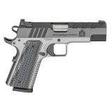 Emissary, 1911, Single Action Only, Semi-automatic, Commander| 45 ACP, 4.25" Match Grade Bull Barrel, Stainless Steel Frame and Carbon Steel Slide, Blued Finish, Black Slide, Silver Frame, VZ Grips Thin-Line G10, Manual Thumb Safety, Tritium/Luminescent