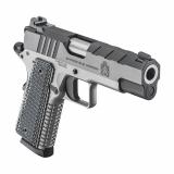 Emissary, 1911, Single Action Only, Semi-automatic, Commander| 45 ACP, 4.25" Match Grade Bull Barrel, Stainless Steel Frame and Carbon Steel Slide, Blued Finish, Black Slide, Silver Frame, VZ Grips Thin-Line G10, Manual Thumb Safety, Tritium/Luminescent