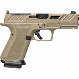 MR920 Elite, Striker Fired, Semi-automatic, Polymer Frame Pistol, Compact, Massachusetts Compliant, 9MM, 4" Black Spiral and Fluted Barrel, Nitride Finish Elite Slide, Flat Dark Earth, Optics Ready, Flat Faced Trigger, Trigger Safety, Tritium Front Night