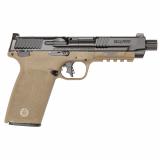 M&P, Semi-automatic, Internal Hammer Fired, Full Size, 5.7X28MM, 5" Threaded Barrel, Optics Ready, No Manual Thumb Safety, Optic Height Sights, Flat Dark Earth Frame, Black Slide, 22 Rounds, 2 Magazines 14078